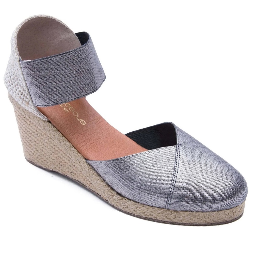 NEW Andre Assous Anouka Espadrille Wedge Sz 11 Pewter Linen & Raffia Elastic